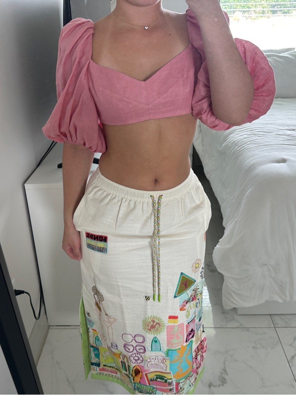 Zimmermann Pink Puff-Sleeve Crop Top with Printed Cream Midi Skirt